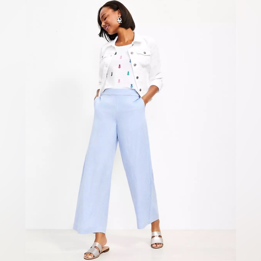 New LOFT Tall Fluid Wide Leg Crop Pants Blue Chambray Linen Blends Pull On Light